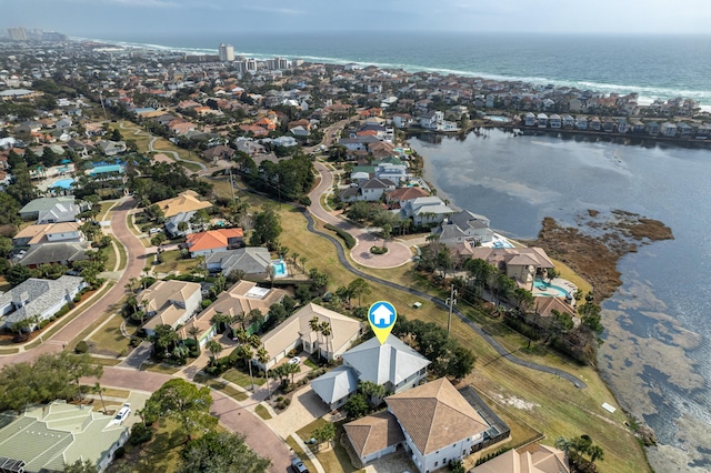 drone / aerial view featuring a water view