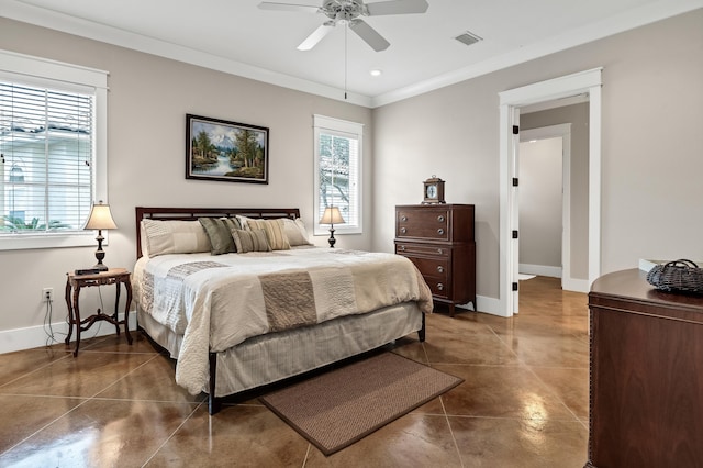 bedroom with ornamental molding and ceiling fan