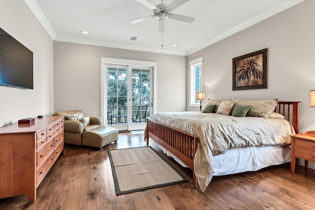 bedroom featuring hardwood / wood-style floors, access to outside, ornamental molding, and ceiling fan