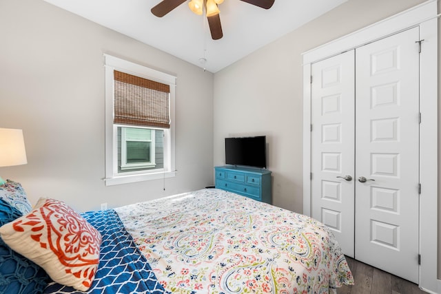 bedroom featuring dark wood-type flooring, ceiling fan, and a closet