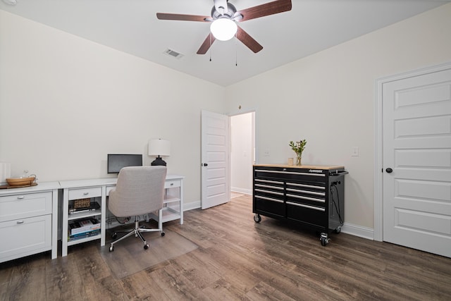 office space featuring a ceiling fan, wood finished floors, visible vents, and baseboards