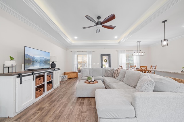 living area with a raised ceiling, a healthy amount of sunlight, crown molding, and light wood finished floors