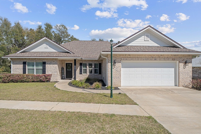 ranch-style home with concrete driveway, a garage, a front yard, and a shingled roof