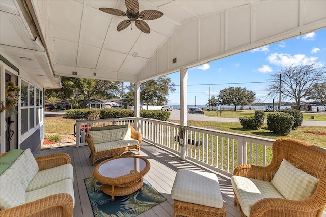 wooden terrace with ceiling fan