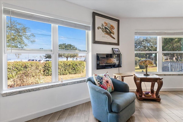 living area featuring a healthy amount of sunlight, baseboards, and wood finished floors