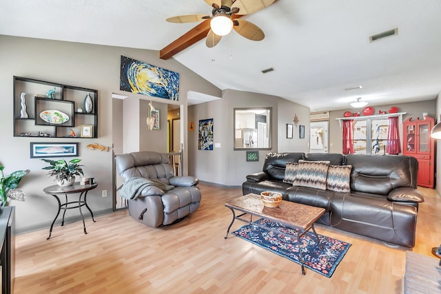 living room featuring lofted ceiling with beams, wood finished floors, and visible vents