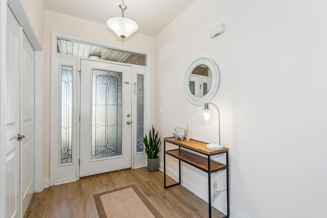 entrance foyer with baseboards and wood finished floors