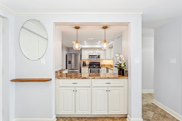 kitchen with backsplash, stone countertops, decorative light fixtures, stainless steel appliances, and white cabinets