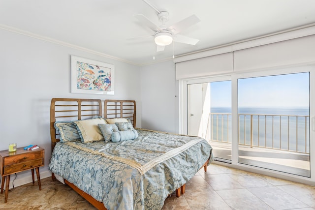 bedroom featuring a water view, access to outside, ceiling fan, crown molding, and light tile patterned floors