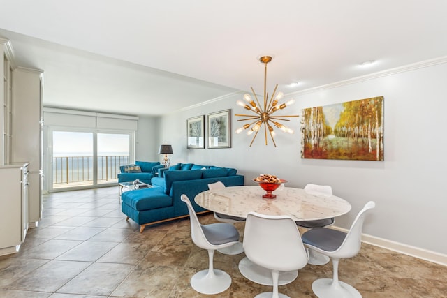 tiled dining room featuring a notable chandelier and crown molding