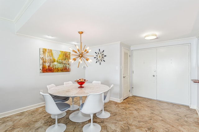 dining room with ornamental molding and an inviting chandelier