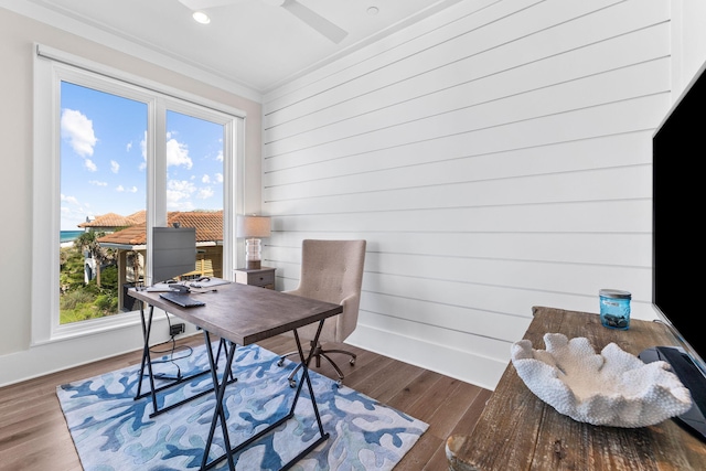 office space with crown molding and wood-type flooring