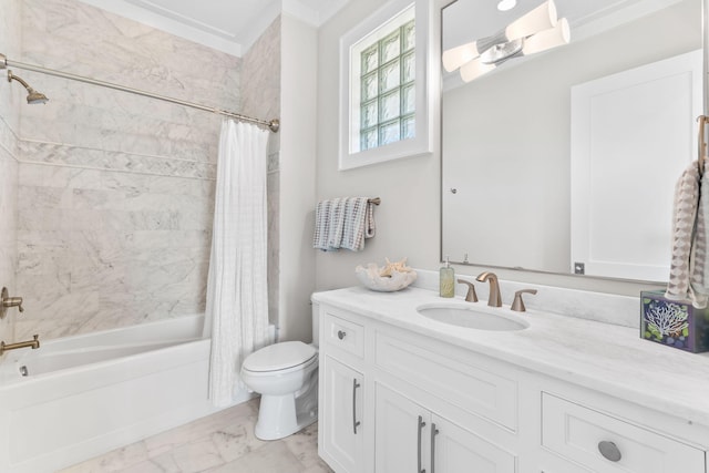 full bathroom with vanity, shower / tub combo, and toilet