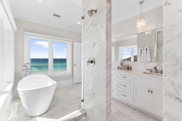 bathroom featuring a water view, ornamental molding, vanity, and a washtub