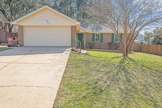 ranch-style house with a garage and a front lawn