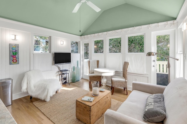 36 E Ruskin St, Santa Rosa Beach, FL 32459 - living room with lofted ceiling, light hardwood / wood-style flooring, and ceiling fan