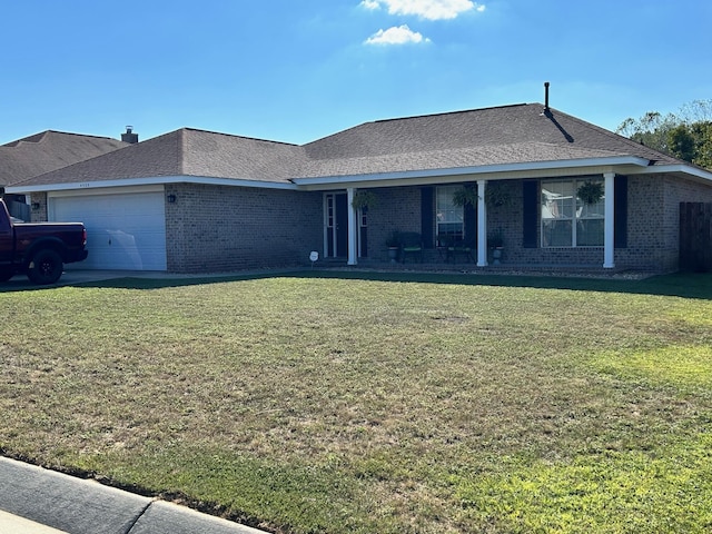 view of front of property featuring a garage, covered porch, brick siding, a shingled roof, and a front yard