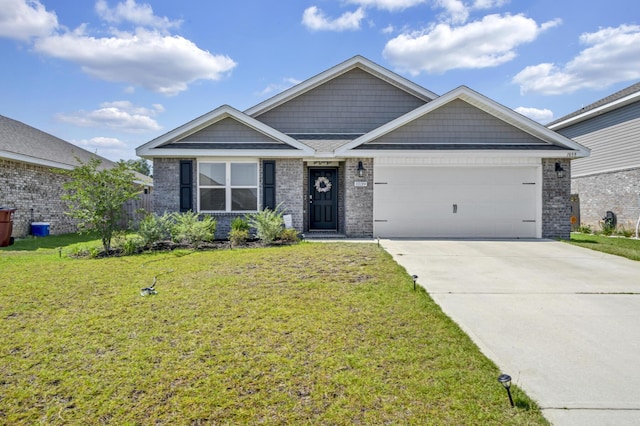 view of front of house with concrete driveway, brick siding, an attached garage, and a front yard