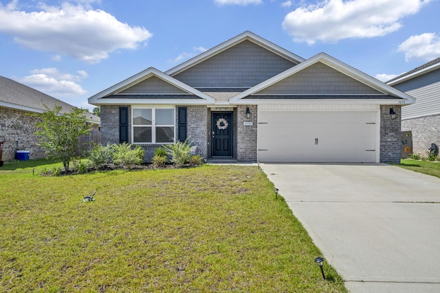 view of front facade featuring a garage, concrete driveway, brick siding, and a front yard