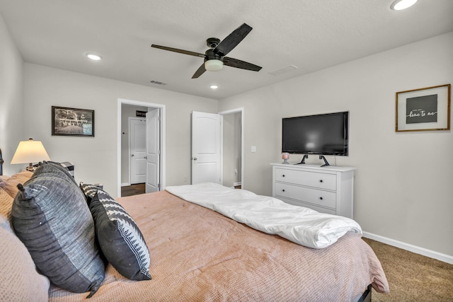 bedroom with recessed lighting, carpet flooring, a ceiling fan, visible vents, and baseboards