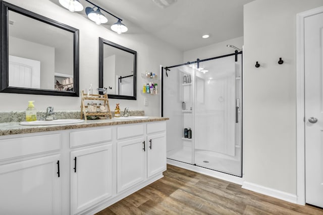 full bathroom featuring a sink, double vanity, wood finished floors, and a shower stall