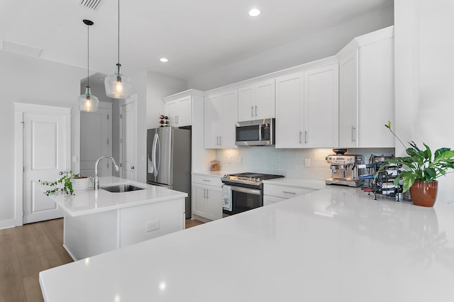 kitchen with an island with sink, a sink, stainless steel appliances, light countertops, and backsplash