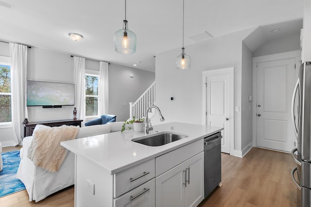 kitchen featuring light wood finished floors, plenty of natural light, stainless steel appliances, and a sink