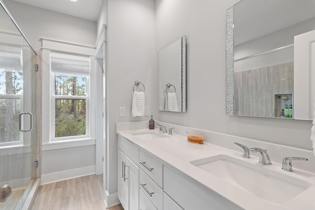 bathroom featuring double vanity, a stall shower, and a sink