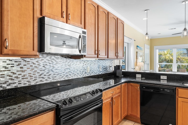 kitchen with black appliances, ceiling fan, tasteful backsplash, and crown molding