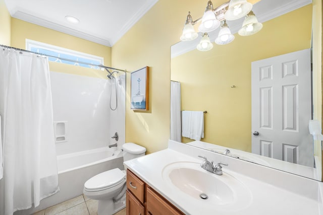 bathroom with crown molding, shower / bath combination with curtain, toilet, vanity, and tile patterned floors