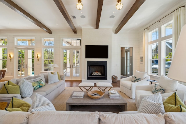215 Buddy St, Santa Rosa Beach, FL 32459 - living area with french doors, wood finished floors, and beam ceiling