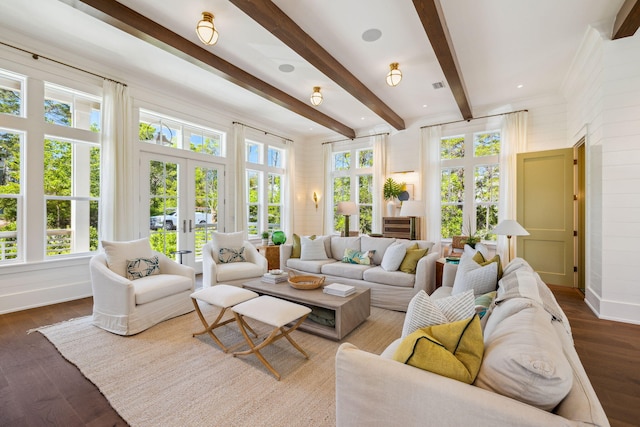 215 Buddy St, Santa Rosa Beach, FL 32459 - living area with french doors, beam ceiling, dark wood finished floors, and baseboards