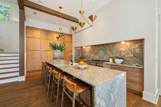 215 Buddy St, Santa Rosa Beach, FL 32459 - kitchen with decorative backsplash, dark wood finished floors, a breakfast bar area, hanging light fixtures, and light stone counters