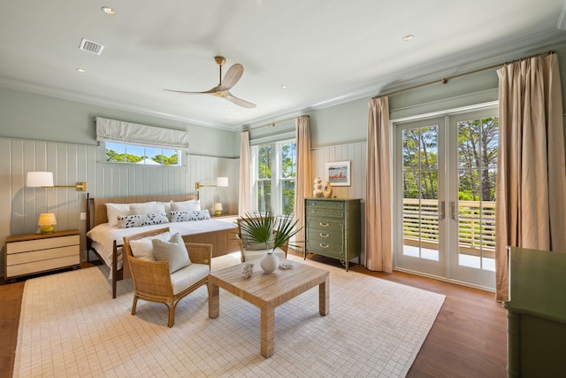 215 Buddy St, Santa Rosa Beach, FL 32459 - bedroom with access to outside, wood finished floors, crown molding, and ceiling fan