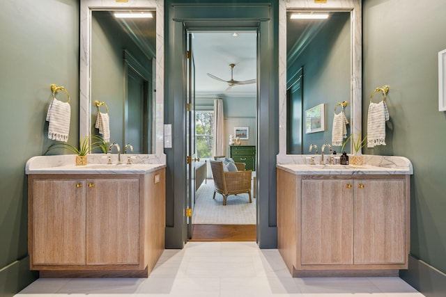 215 Buddy St, Santa Rosa Beach, FL 32459 - full bath featuring two vanities, ceiling fan, and ornamental molding