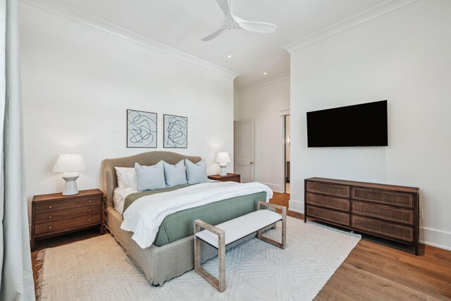 215 Buddy St, Santa Rosa Beach, FL 32459 - bedroom featuring crown molding, wood finished floors, baseboards, a ceiling fan, and recessed lighting