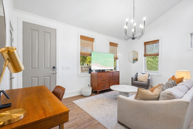 living room featuring baseboards, lofted ceiling, wood ceiling, light wood-type flooring, and a chandelier