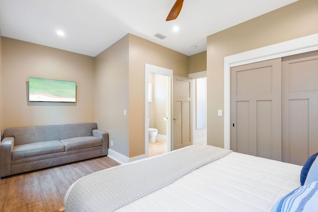 bedroom with recessed lighting, a closet, visible vents, light wood-style flooring, and baseboards