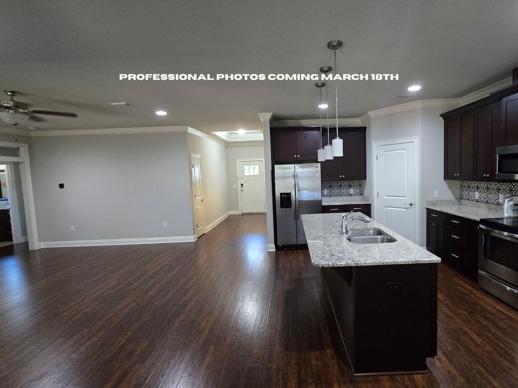 kitchen featuring a sink, open floor plan, ornamental molding, stainless steel appliances, and dark wood-style flooring