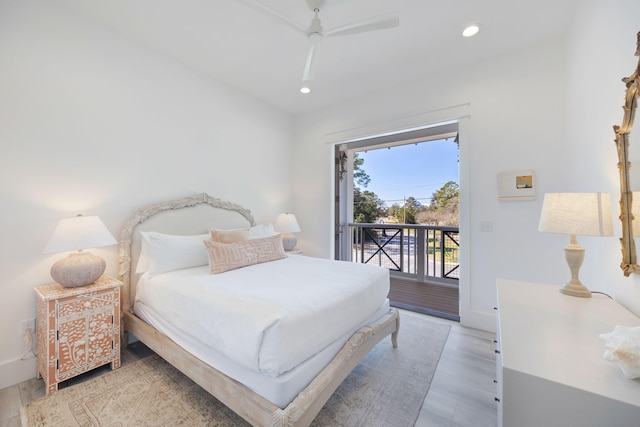 bedroom with baseboards, ceiling fan, access to outside, light wood-style floors, and recessed lighting