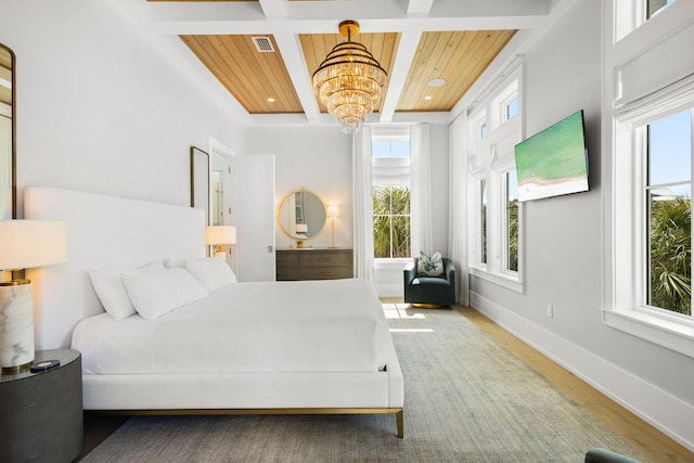 bedroom featuring baseboards, visible vents, multiple windows, and beamed ceiling