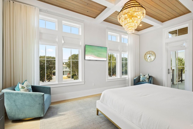 bedroom featuring beamed ceiling, coffered ceiling, wood finished floors, an inviting chandelier, and baseboards