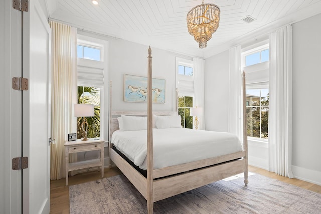 bedroom with wooden ceiling, wood finished floors, visible vents, and baseboards