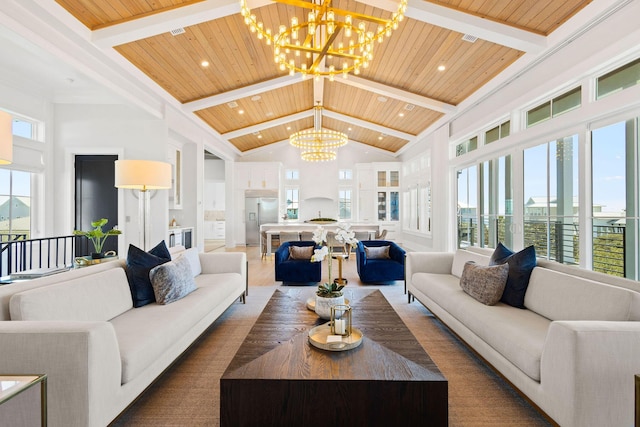 living area featuring a notable chandelier, wood ceiling, and high vaulted ceiling