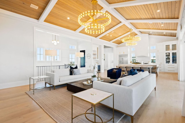 living room with high vaulted ceiling, beam ceiling, light wood-style flooring, wooden ceiling, and a chandelier