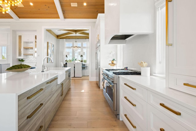 kitchen with light wood finished floors, a sink, custom range hood, beamed ceiling, and high quality appliances