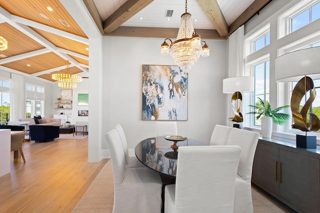 dining area with a notable chandelier, wood ceiling, visible vents, and light wood-type flooring