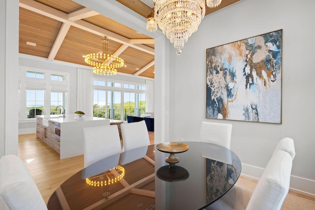 dining room with baseboards, beamed ceiling, wooden ceiling, light wood-style floors, and an inviting chandelier