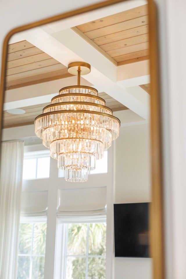 room details with beam ceiling, a chandelier, and wooden ceiling