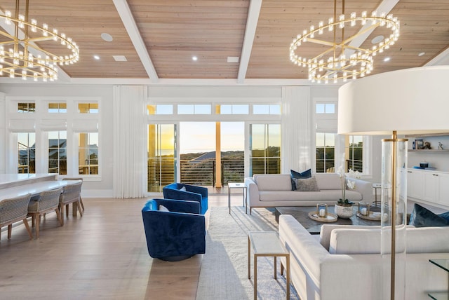 living room with wooden ceiling, beamed ceiling, wood finished floors, and a chandelier